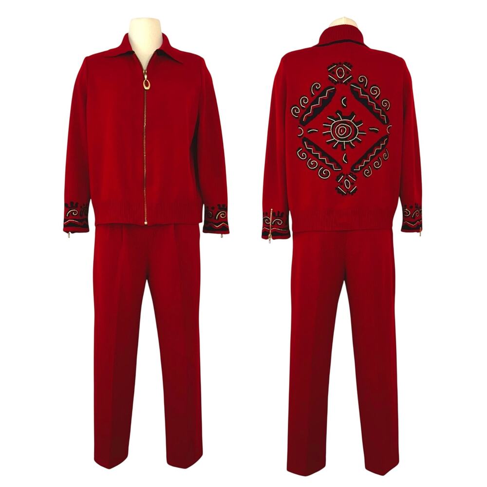St. John Collection 2-Piece Knit Set Cardigan and Pants Red/Black | Size M and 4